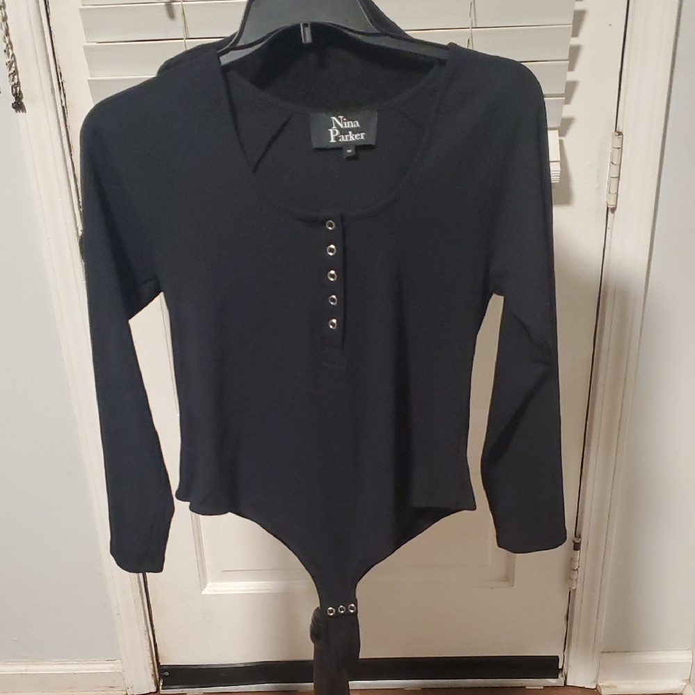 Nina Parker Black Buttoned Long Sleeve Bodysuit
